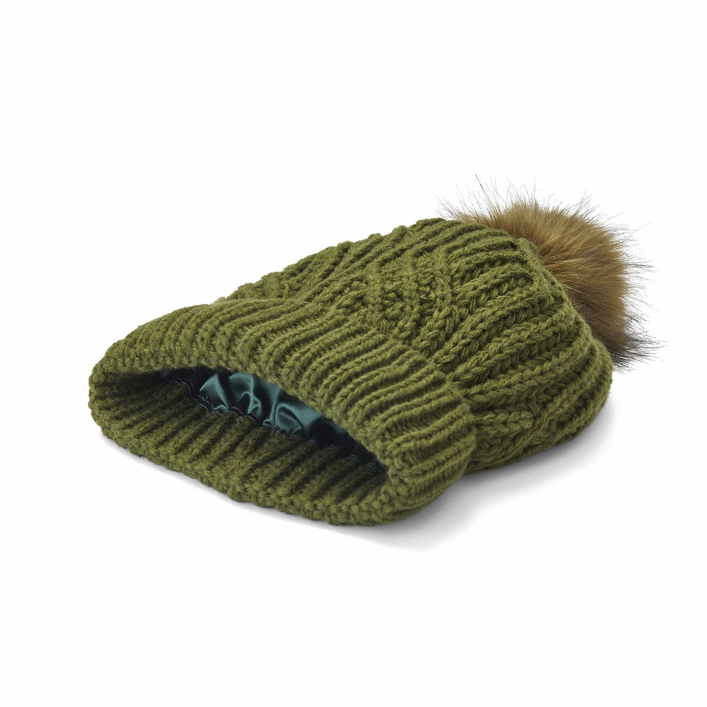 Satin Lined Knitted Beanie Hat - Olive with Pom Pom