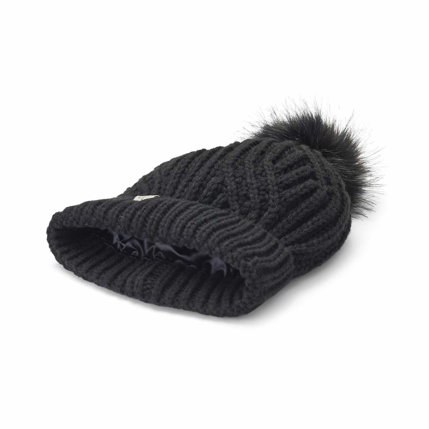 Satin Lined Knitted Beanie Hat - Black with Pom Pom