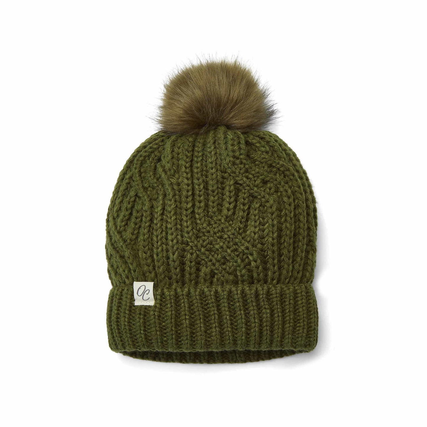Satin Lined Knitted Beanie Hat - Olive with Pom Pom
