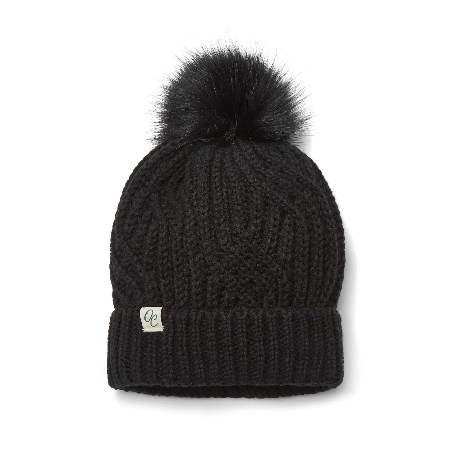 Satin Lined Knitted Beanie Hat - Black with Pom Pom