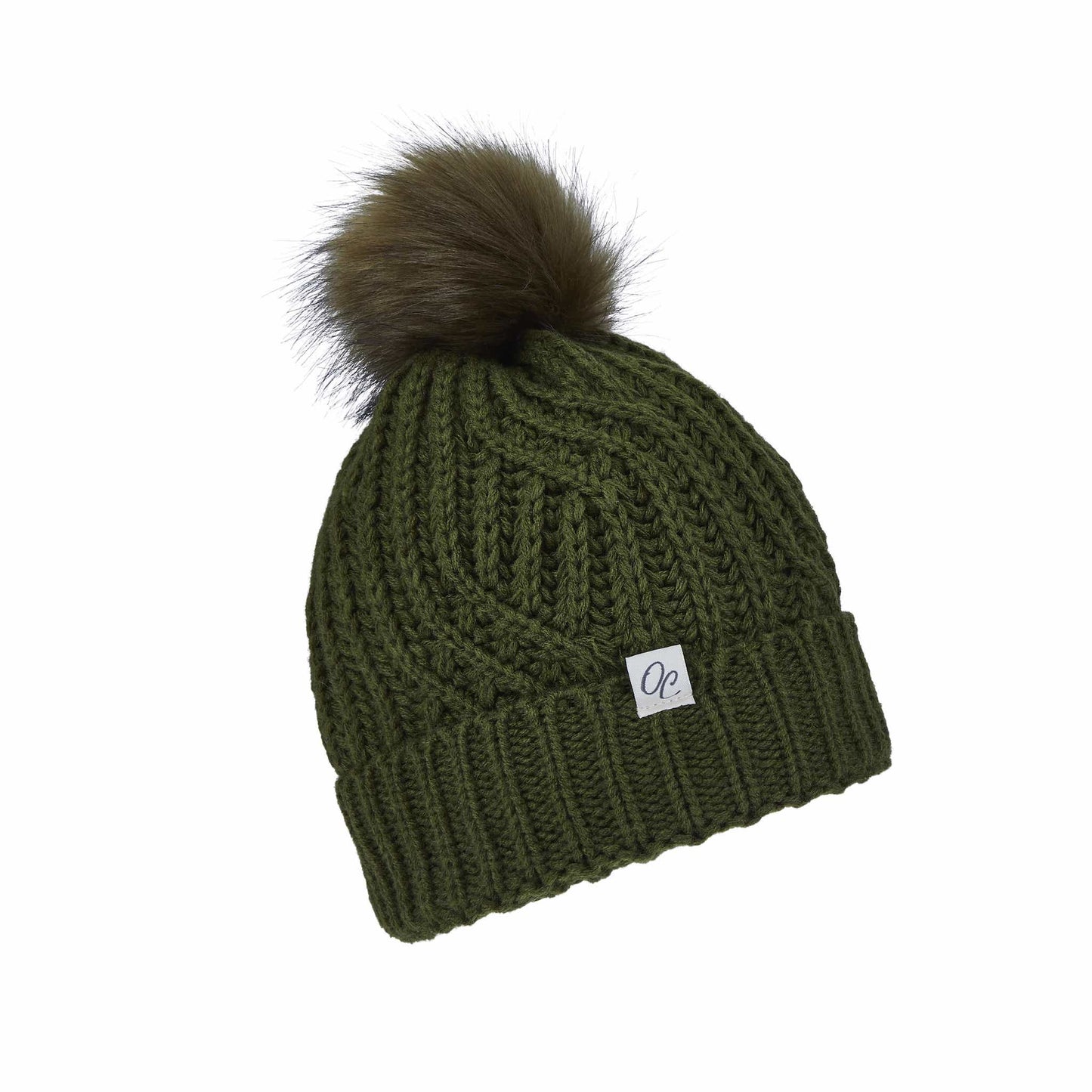 Satin Lined Knitted Beanie Hat - Olive with Pom Pom
