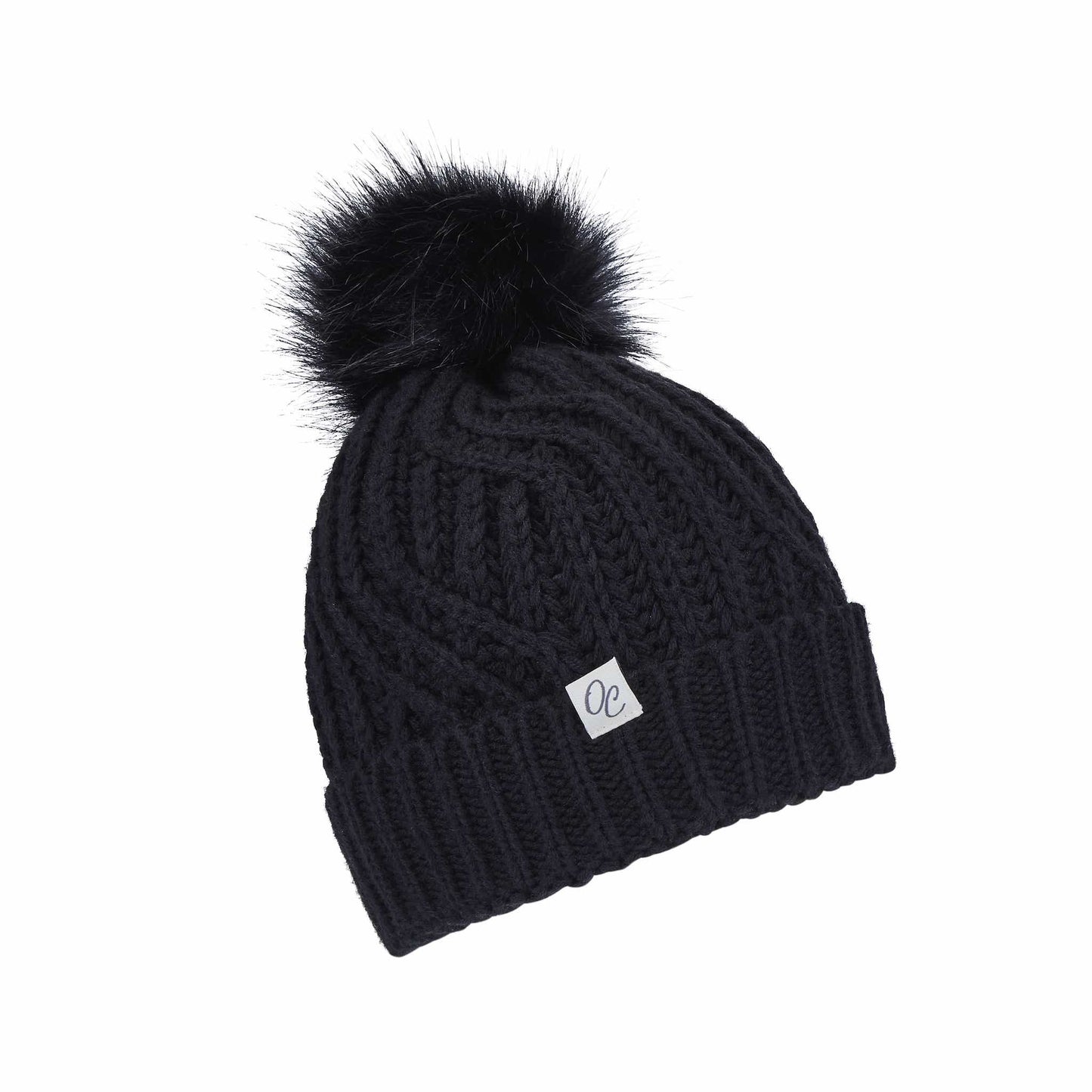 Satin Lined Knitted Beanie Hat - Black with Pom Pom