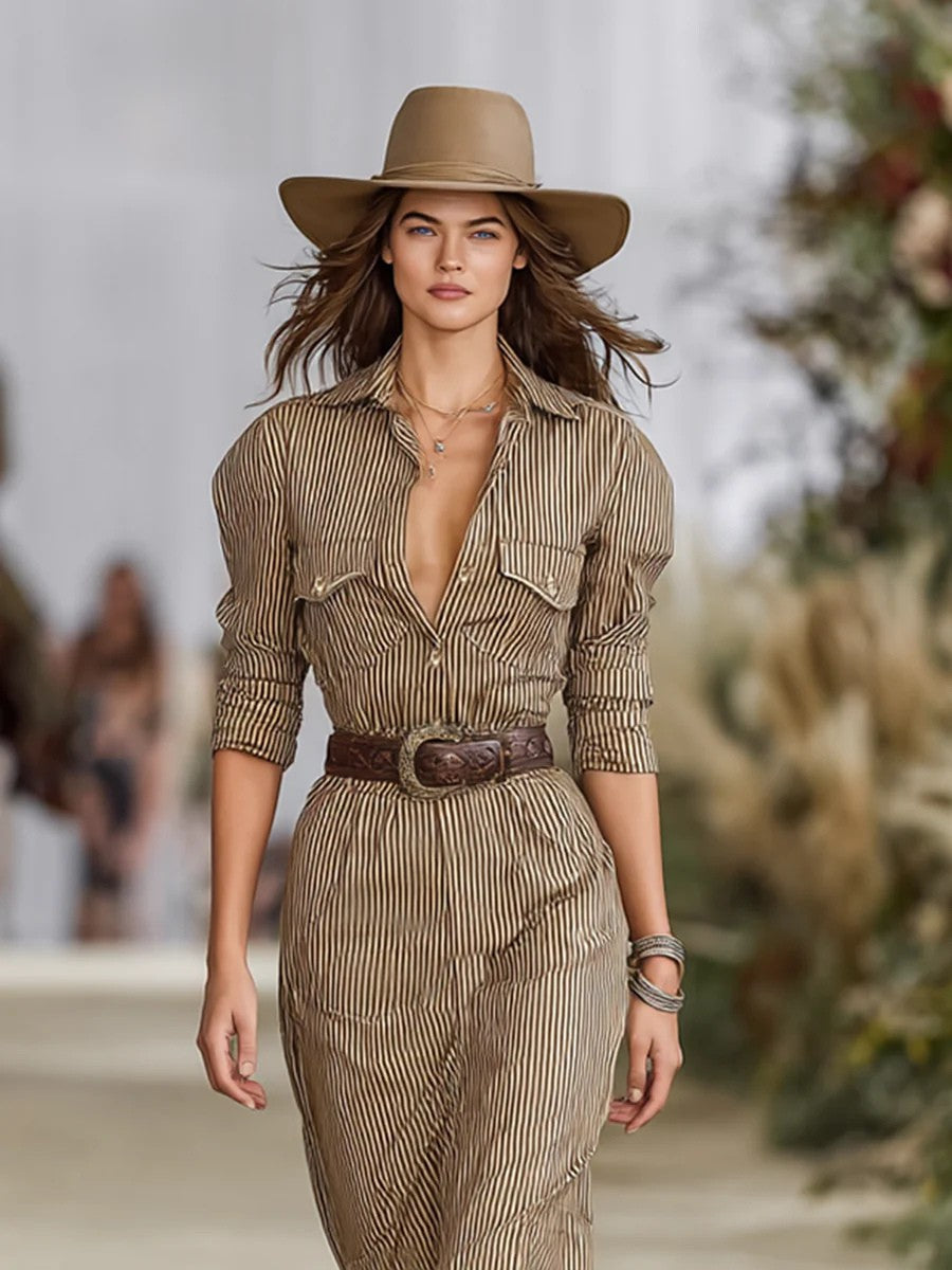 Corvella | Striped Lapel Maxi Dress