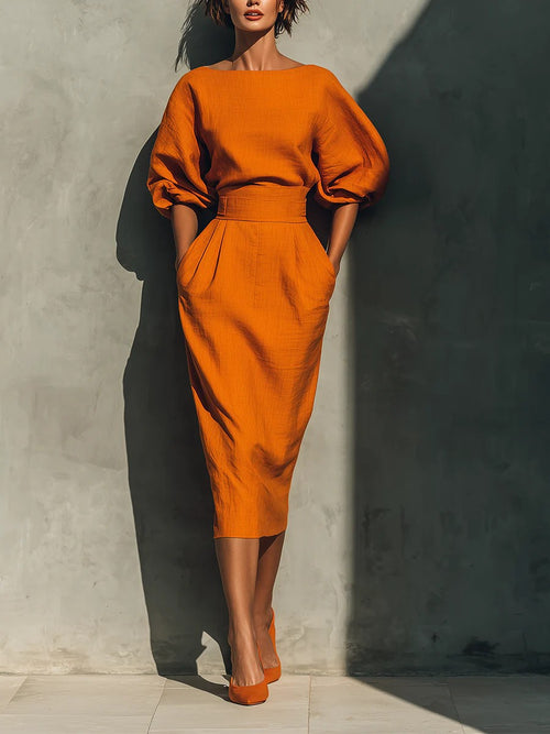 Solenne | Puff-Sleeve Midi Skirt Set