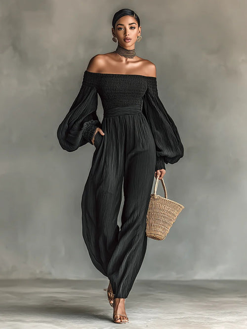 Celistra | Pleated Off-Shoulder Jumpsuit