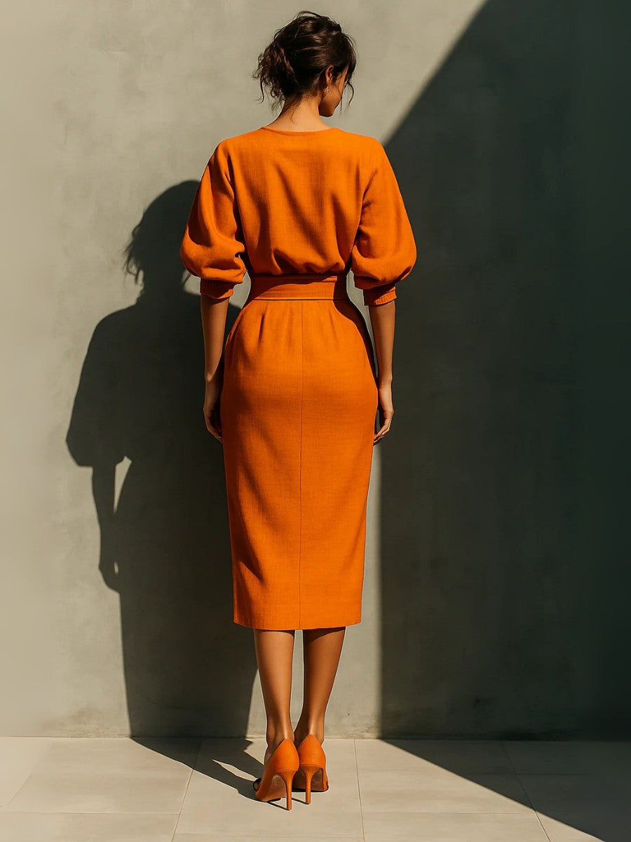 Solenne | Puff-Sleeve Midi Skirt Set
