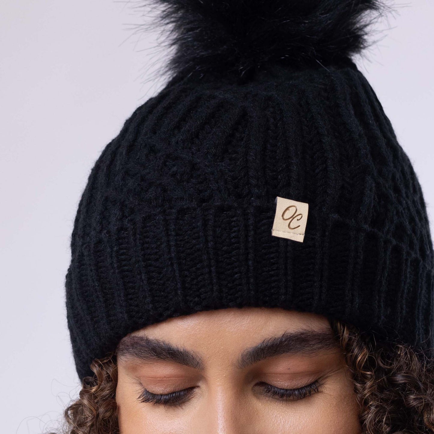 Satin Lined Knitted Beanie Hat - Black with Pom Pom
