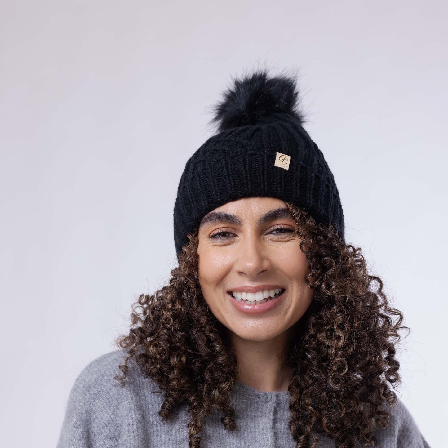 Satin Lined Knitted Beanie Hat - Black with Pom Pom