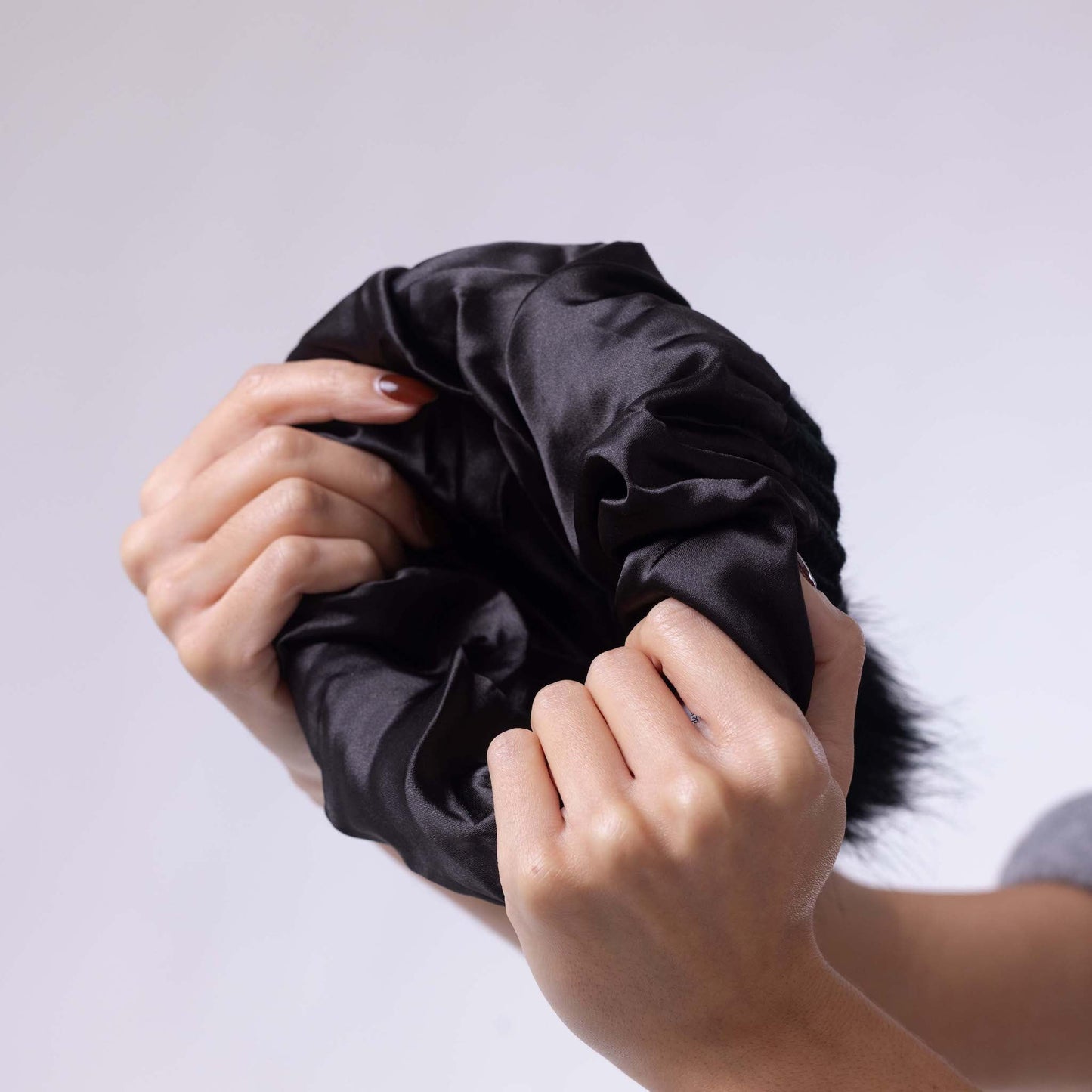 Satin Lined Knitted Beanie Hat - Black with Pom Pom