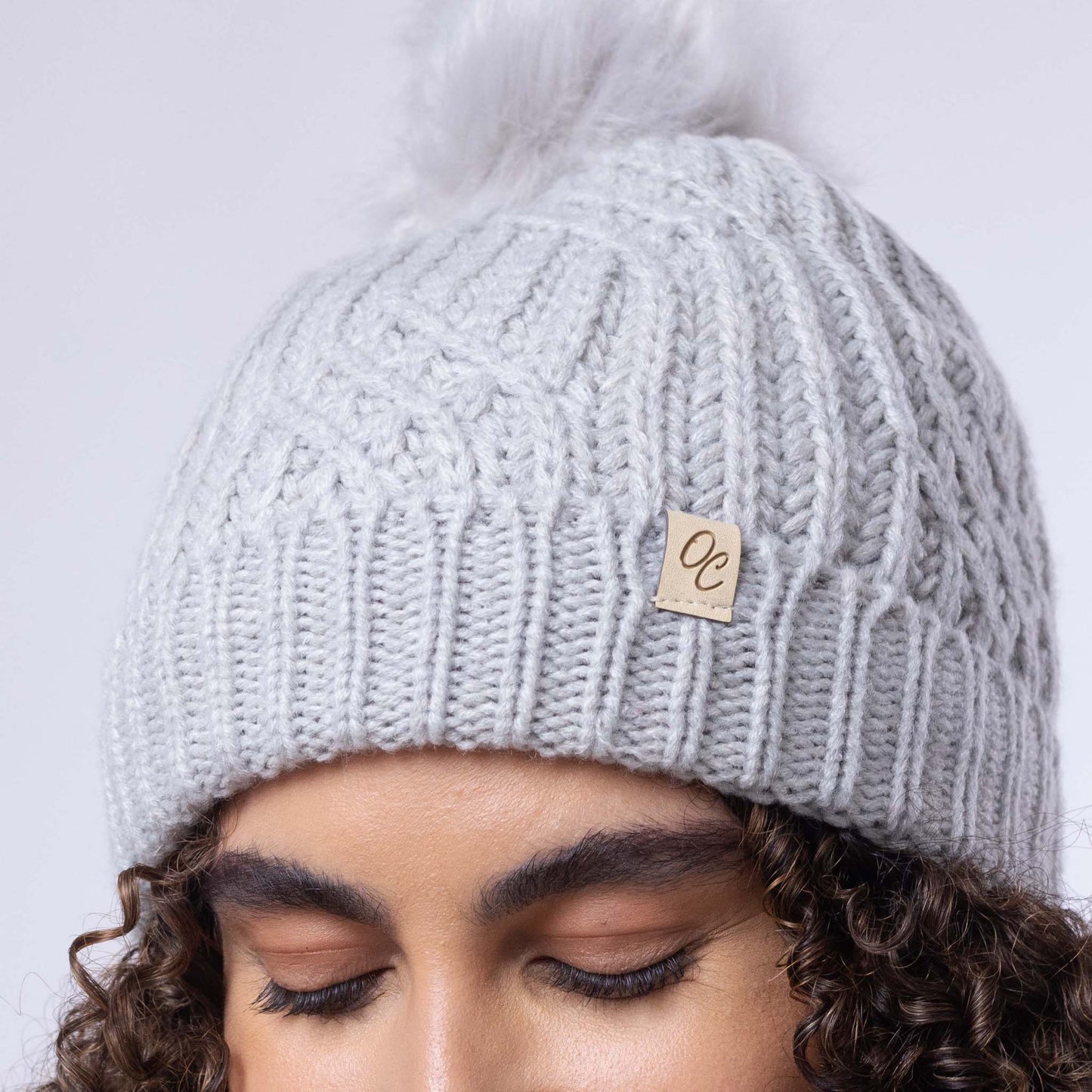 Satin Lined Knitted Beanie Hat - Grey with Pom Pom