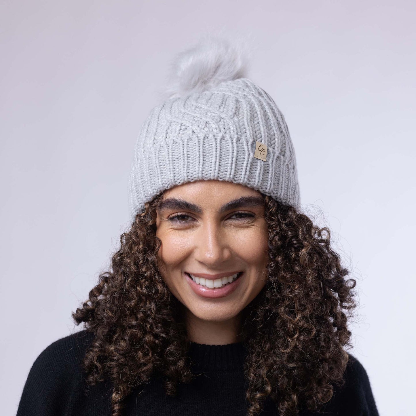 Satin Lined Knitted Beanie Hat - Grey with Pom Pom