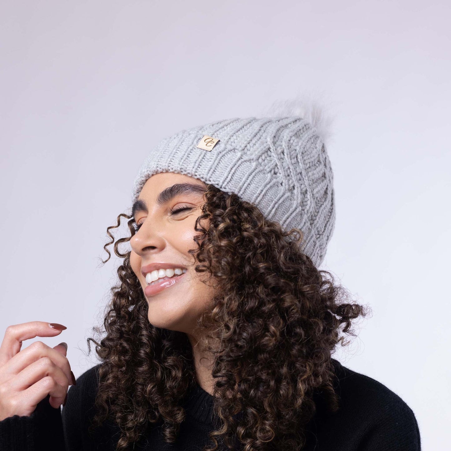 Satin Lined Knitted Beanie Hat - Grey with Pom Pom