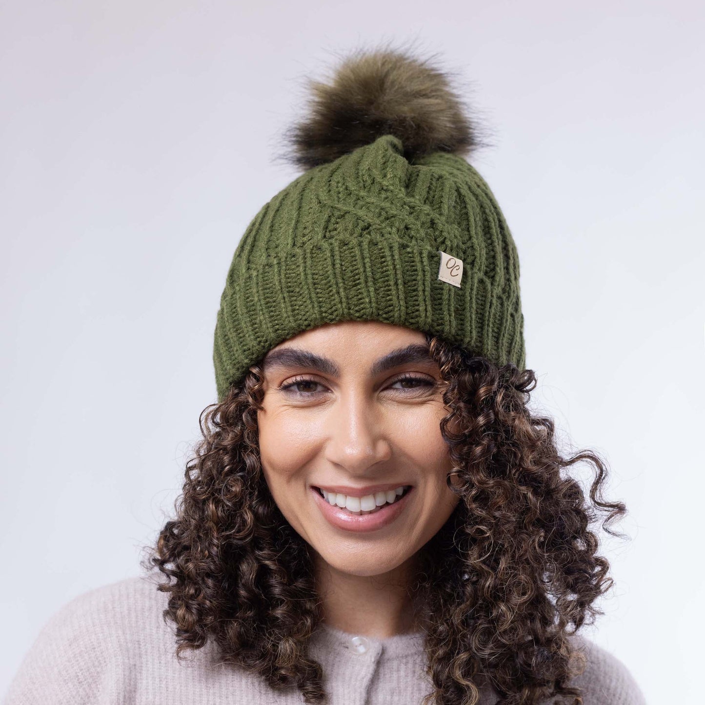 Satin Lined Knitted Beanie Hat - Olive with Pom Pom