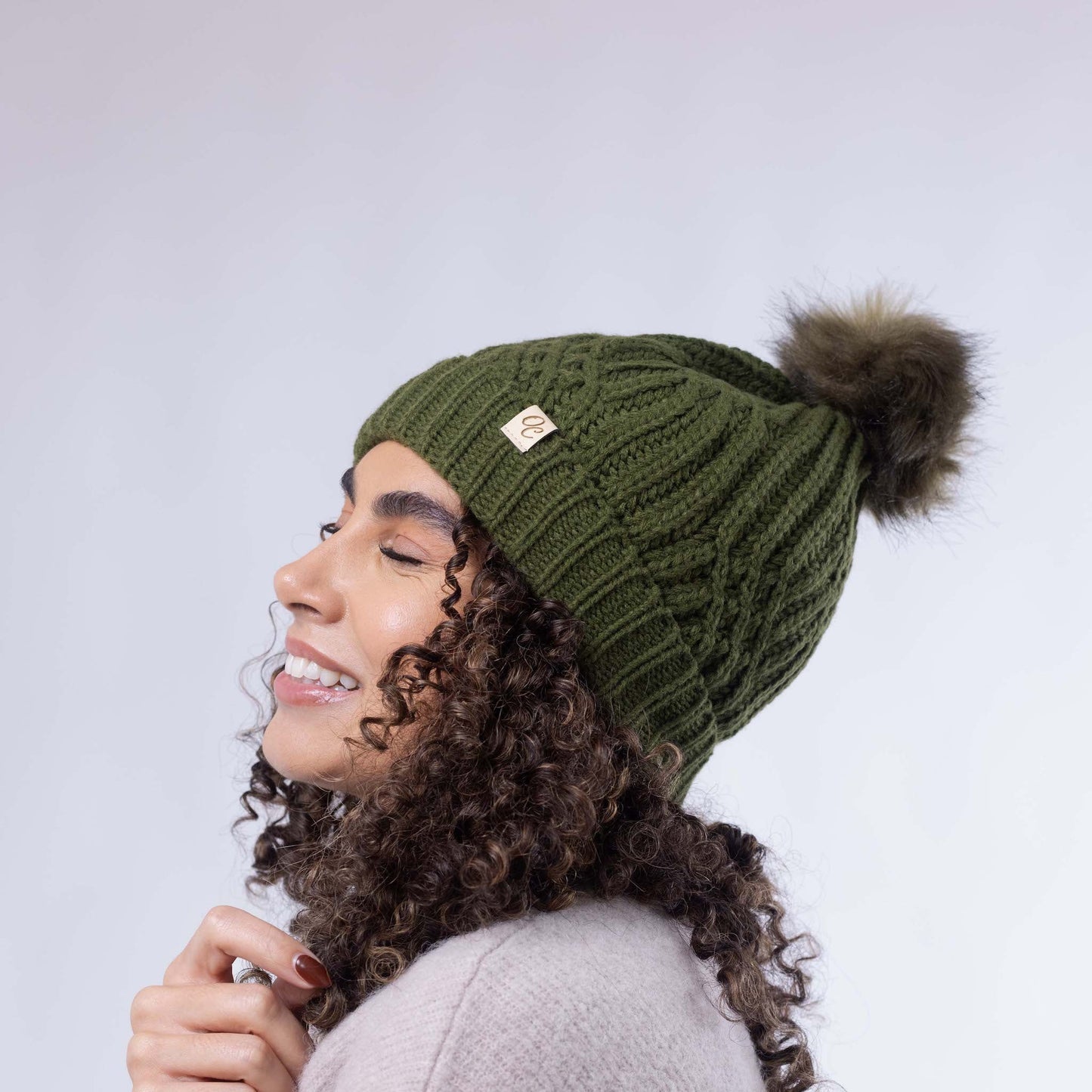 Satin Lined Knitted Beanie Hat - Olive with Pom Pom