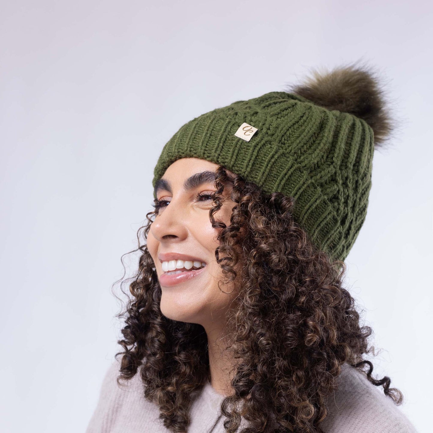 Satin Lined Knitted Beanie Hat - Olive with Pom Pom