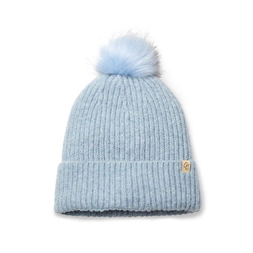 Satin Lined Beanie with Pom - Carrie in Light Blue