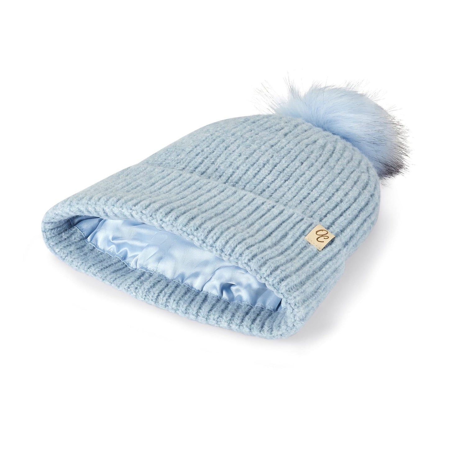 Satin Lined Beanie with Pom - Carrie in Light Blue