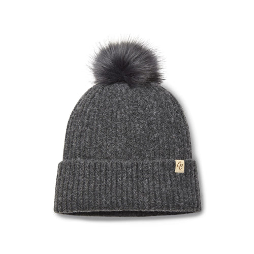 Satin Lined Beanie with Pom - Carrie in Dark Grey