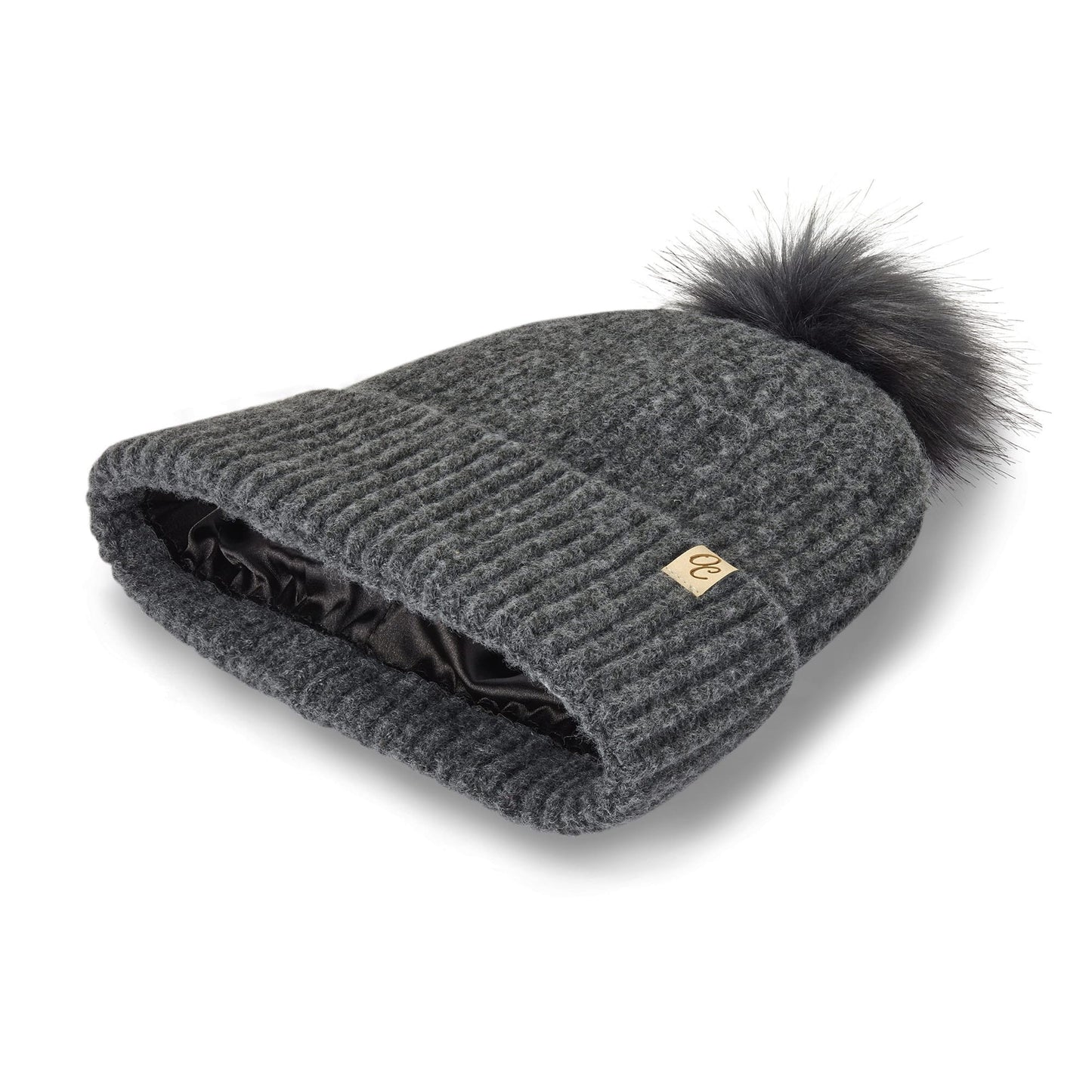Satin Lined Beanie with Pom - Carrie in Dark Grey