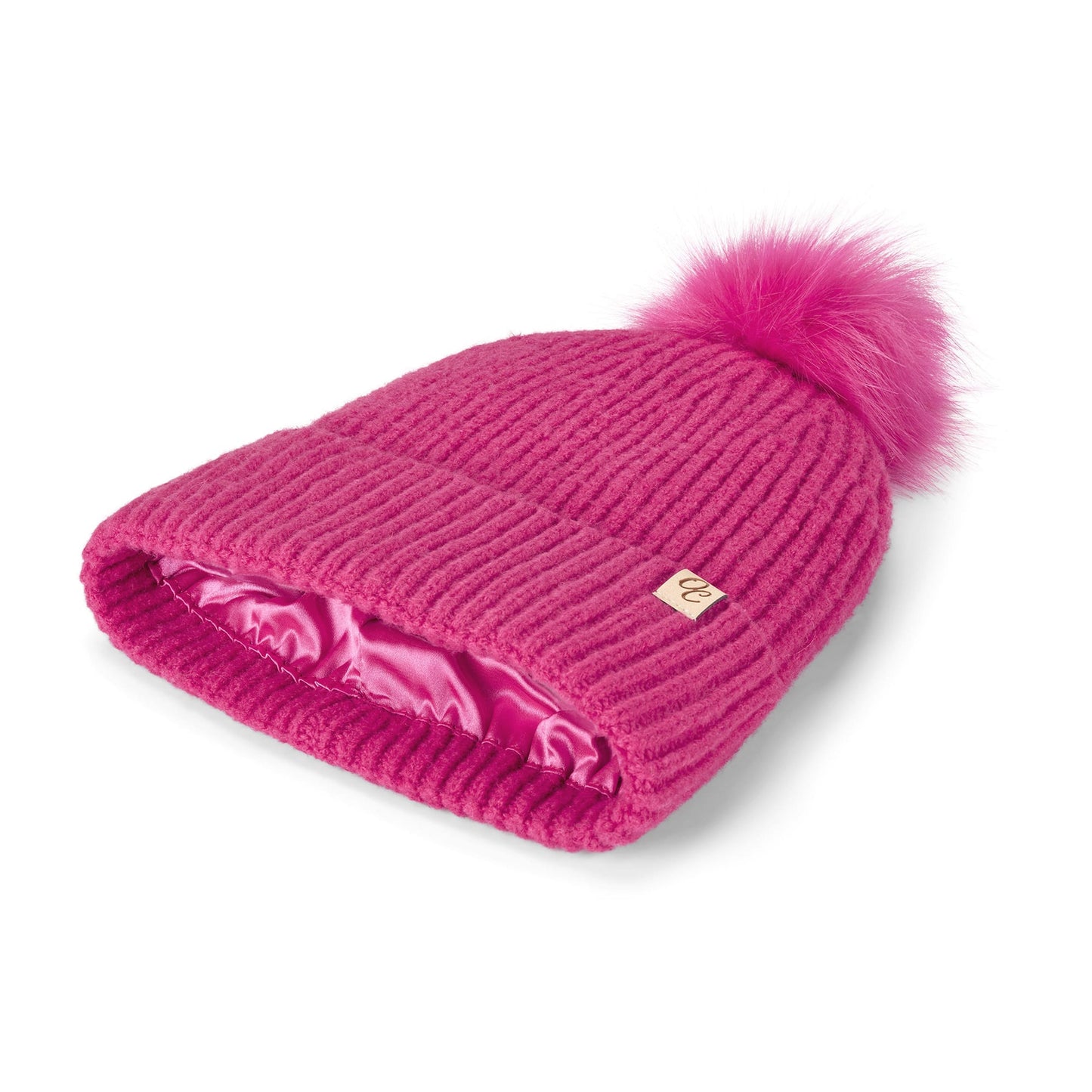 Satin Lined Beanie with Pom - Carrie in Hot Pink