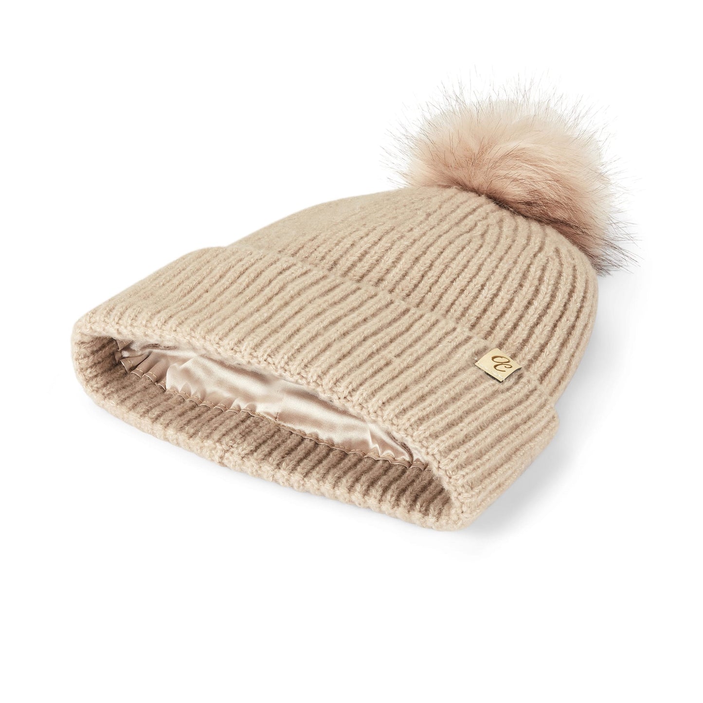 Satin Lined Beanie with Pom - Carrie in Sand