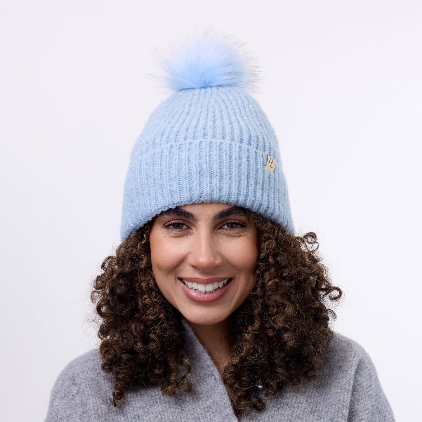 Satin Lined Beanie with Pom - Carrie in Light Blue