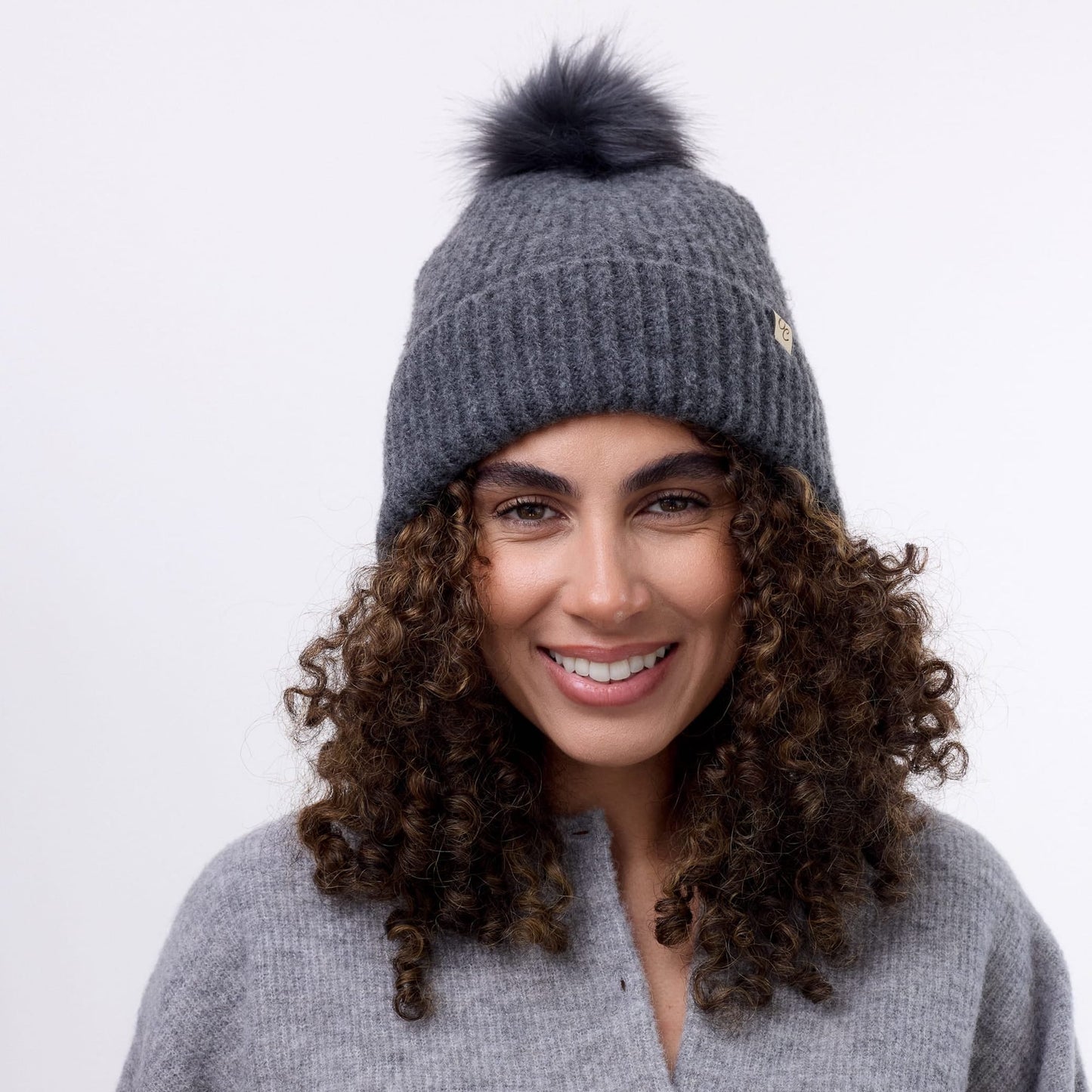 Satin Lined Beanie with Pom - Carrie in Dark Grey