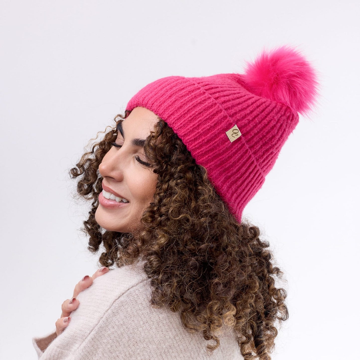 Satin Lined Beanie with Pom - Carrie in Hot Pink