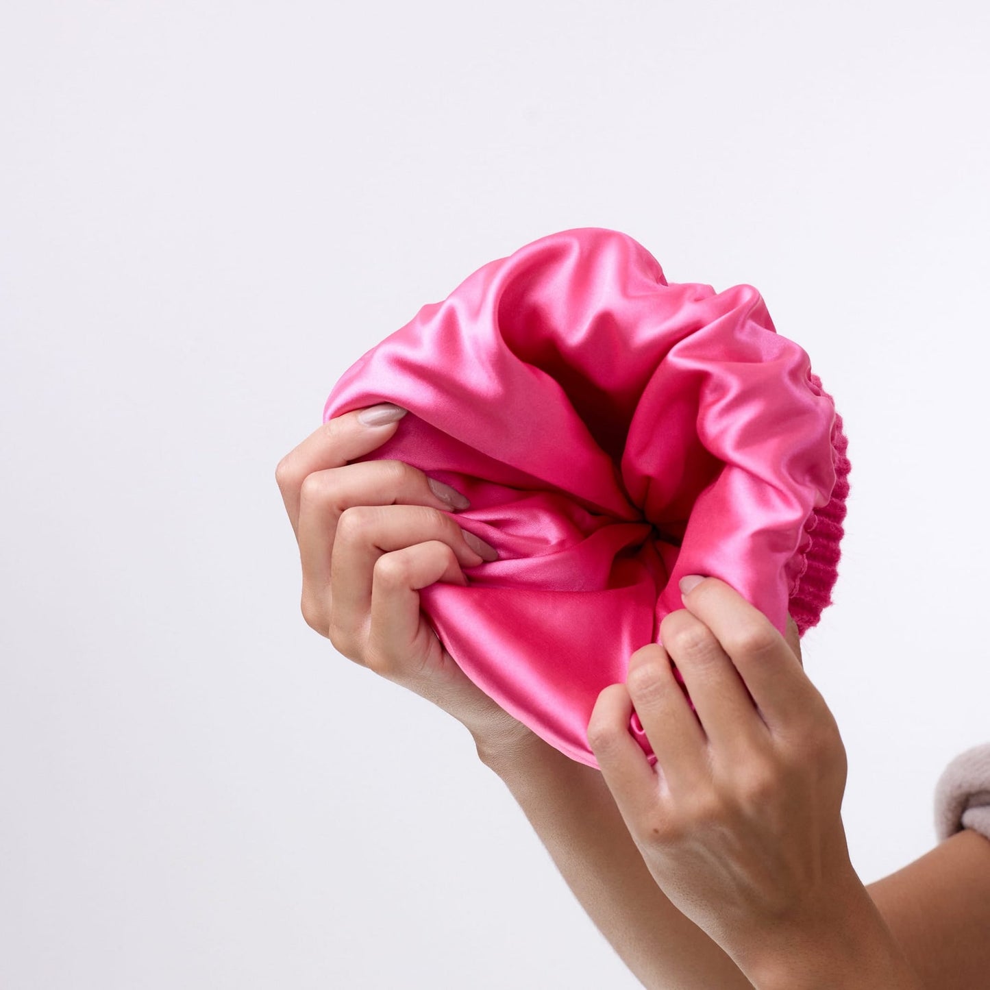 Satin Lined Beanie with Pom - Carrie in Hot Pink