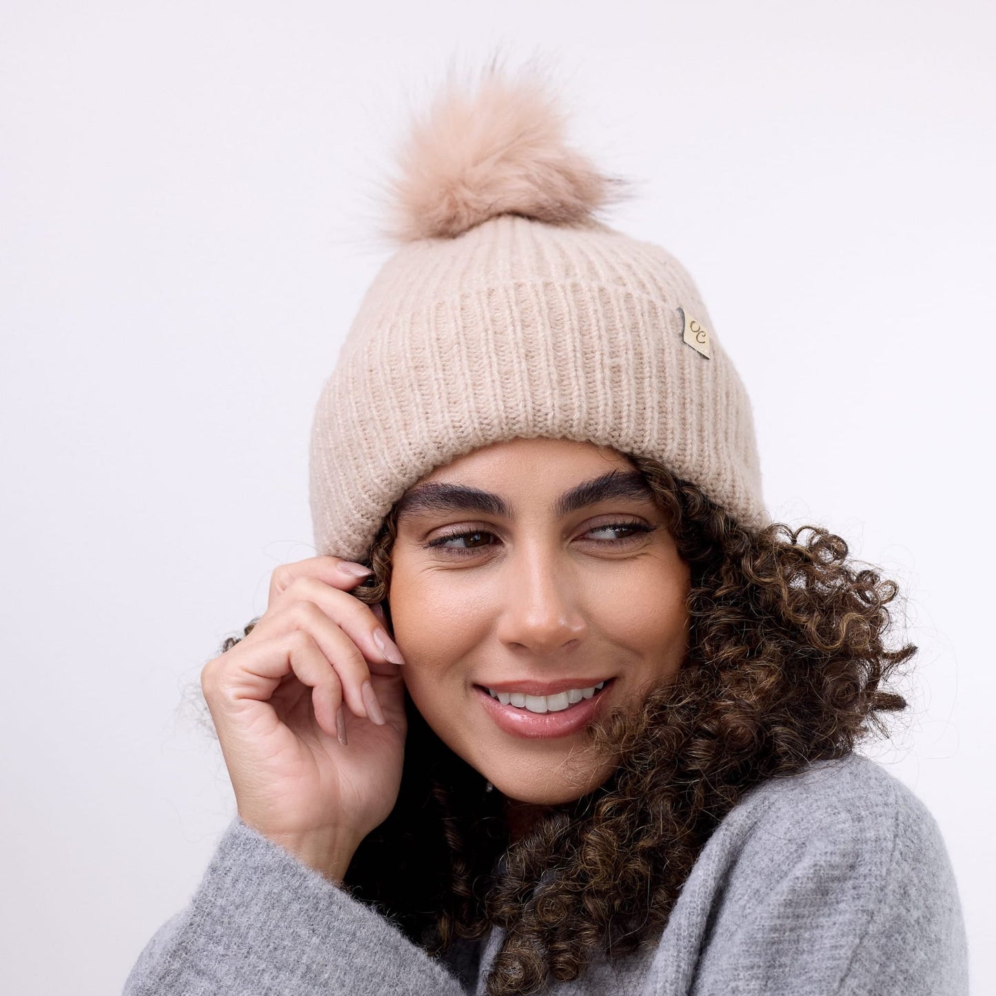 Satin Lined Beanie with Pom - Carrie in Sand