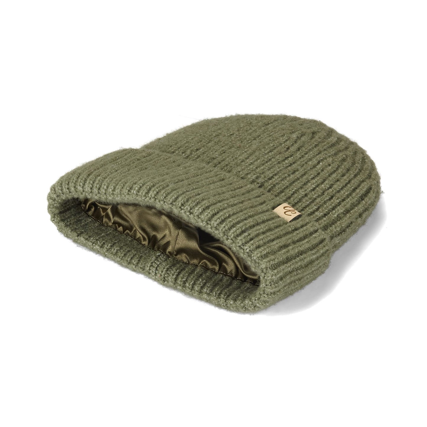 Satin Lined Knitted Beanie Hat - Ella in Olive Green