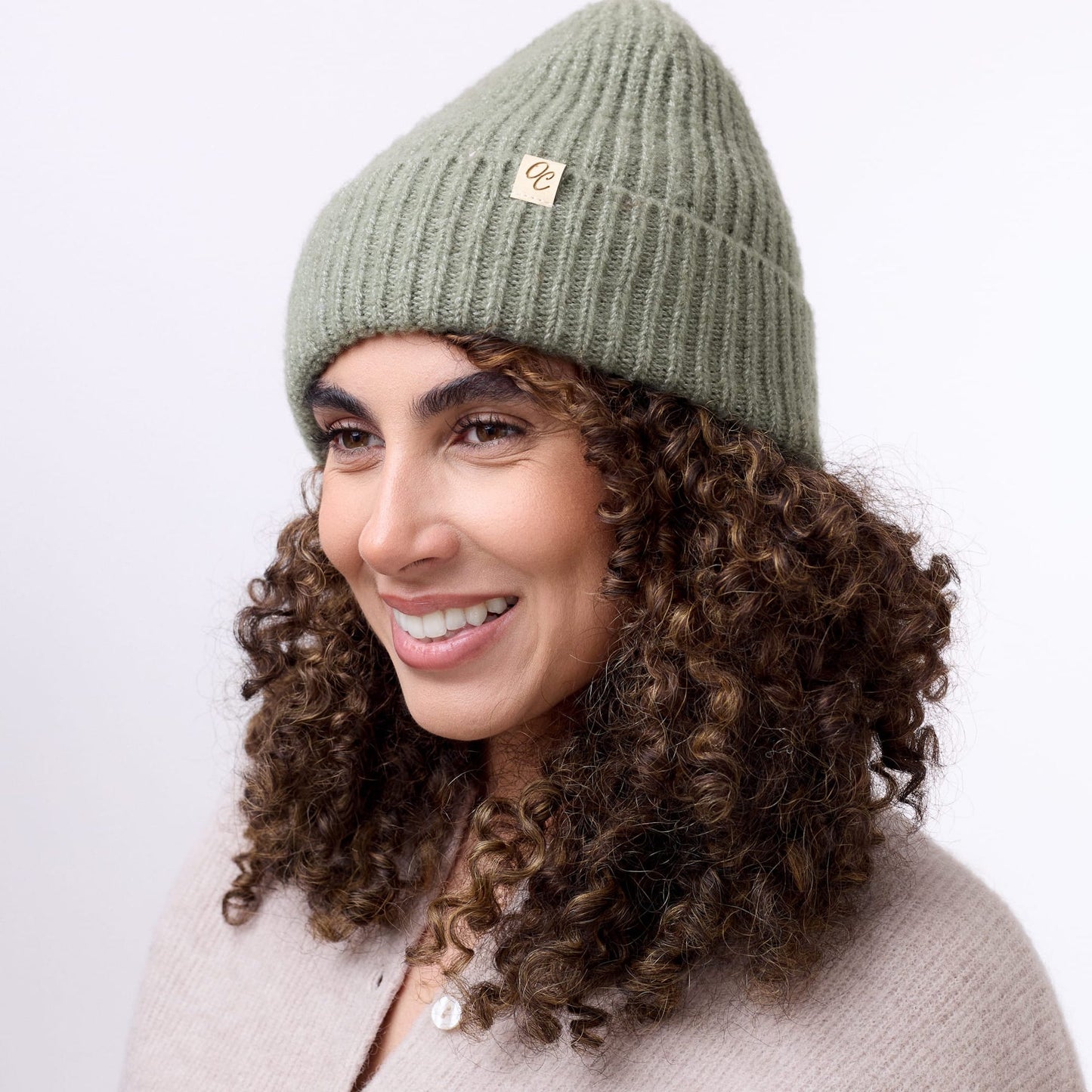 Satin Lined Knitted Beanie Hat - Ella in Olive Green