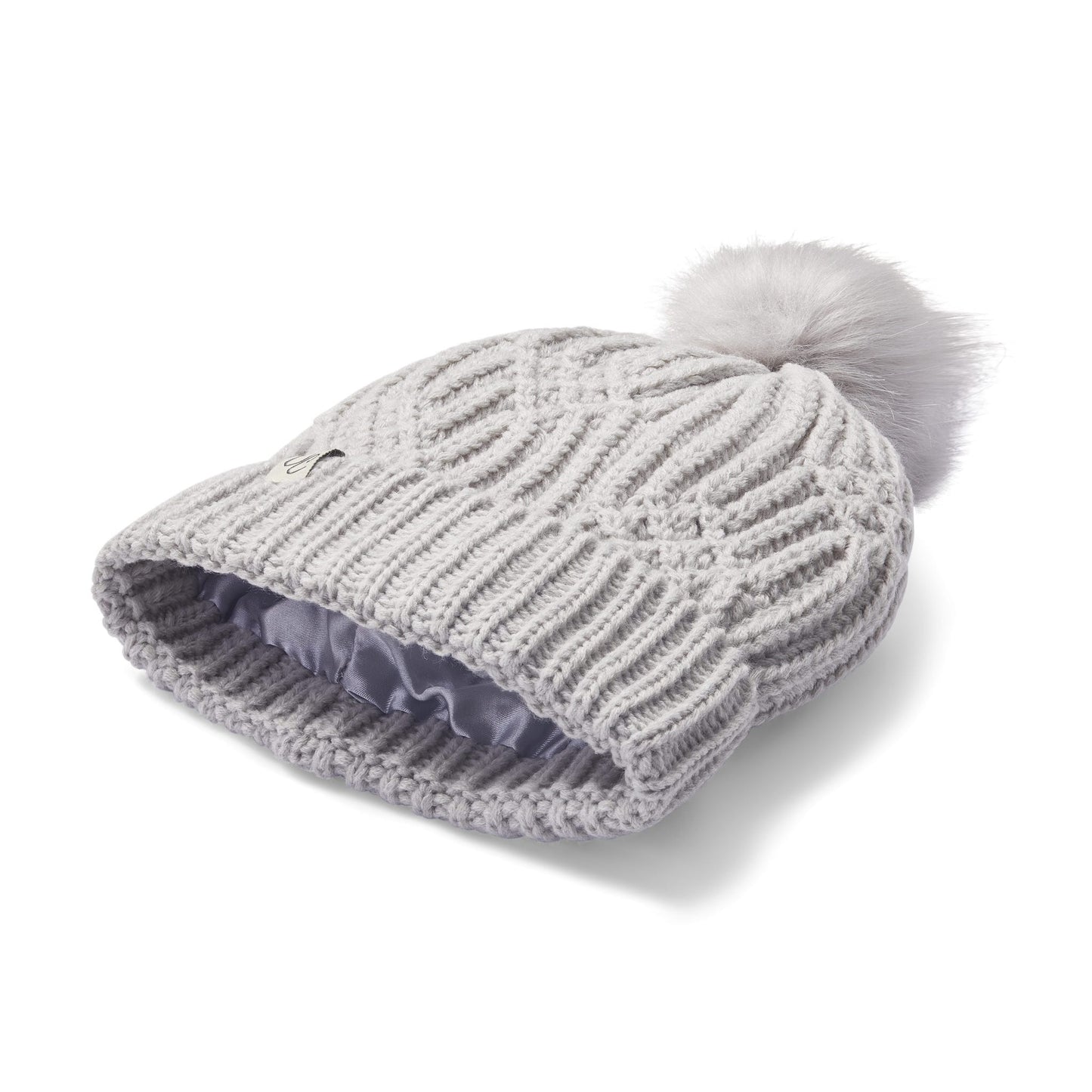 Satin Lined Knitted Beanie Hat - Grey with Pom Pom