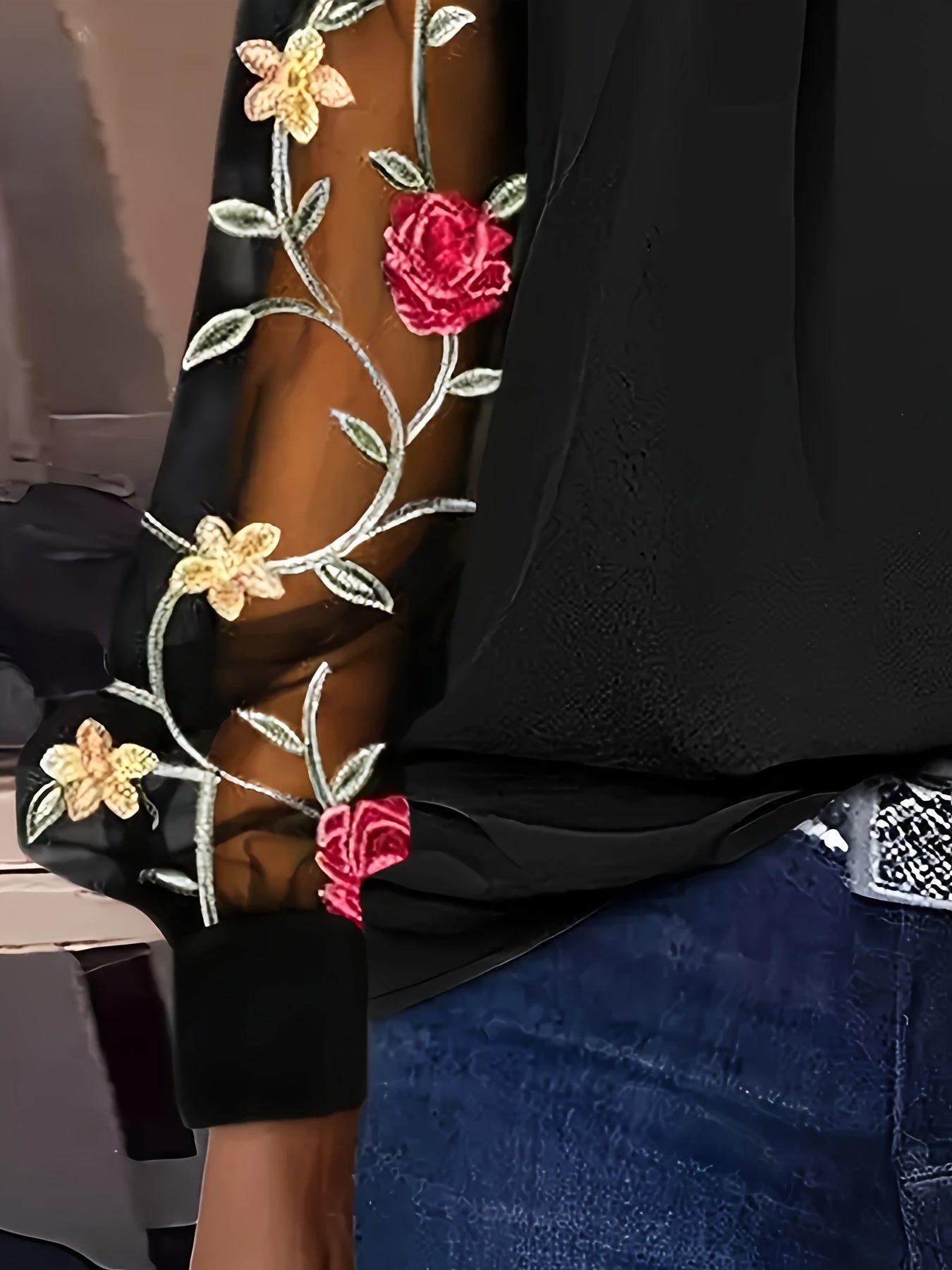 Calista | Black Top with Floral Sleeves