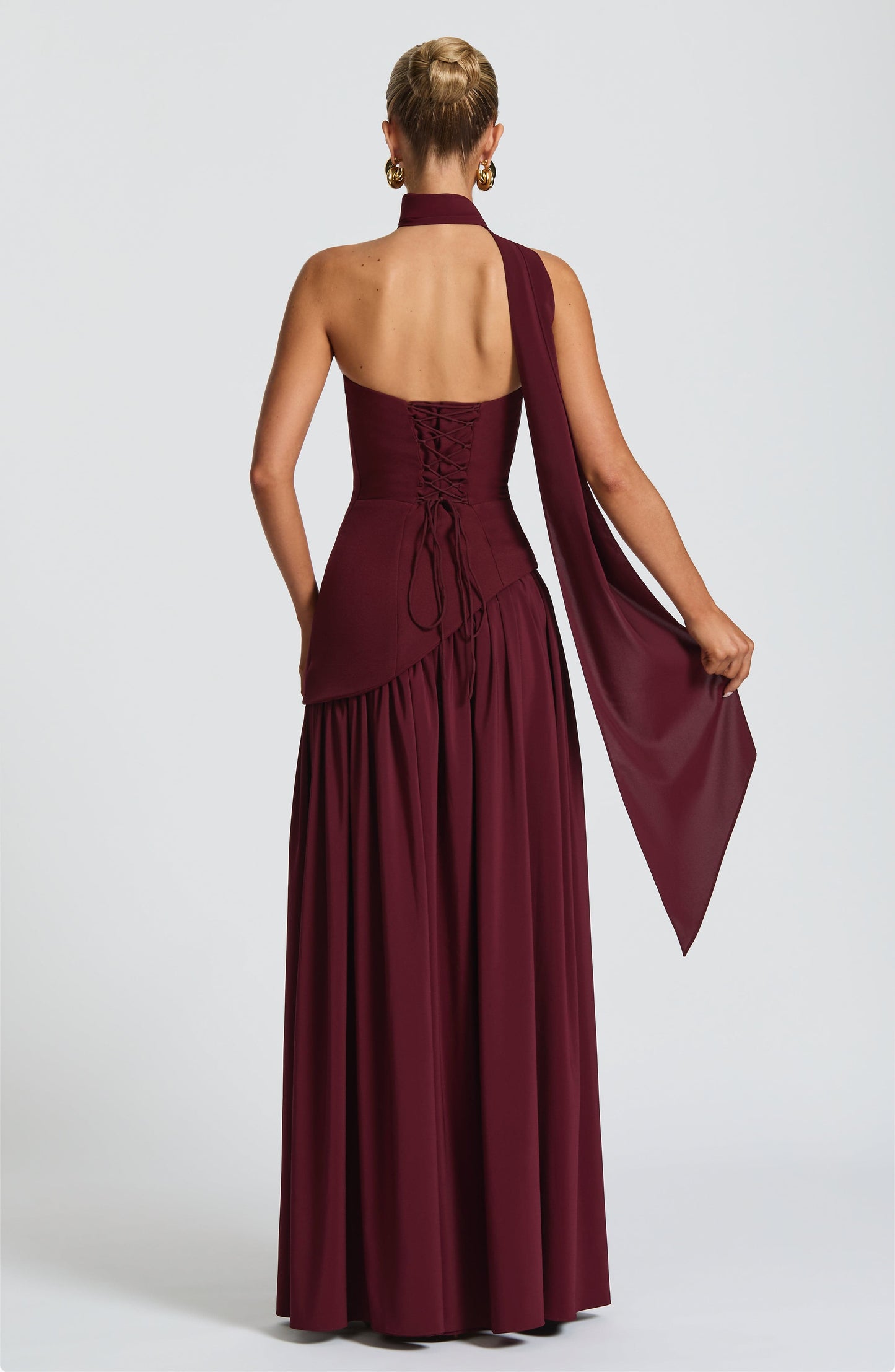 Calista | Cherry Lacquer Crepe & Chiffon Maxi Gown