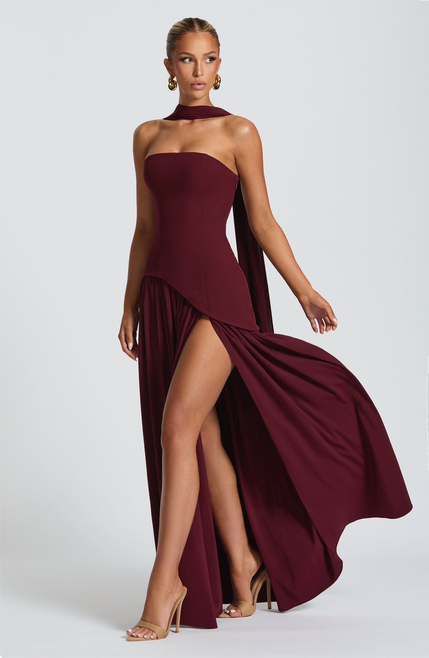 Calista | Cherry Lacquer Crepe & Chiffon Maxi Gown