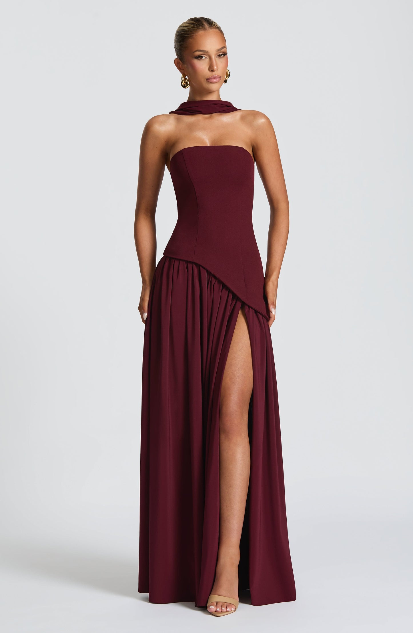 Calista | Cherry Lacquer Crepe & Chiffon Maxi Gown