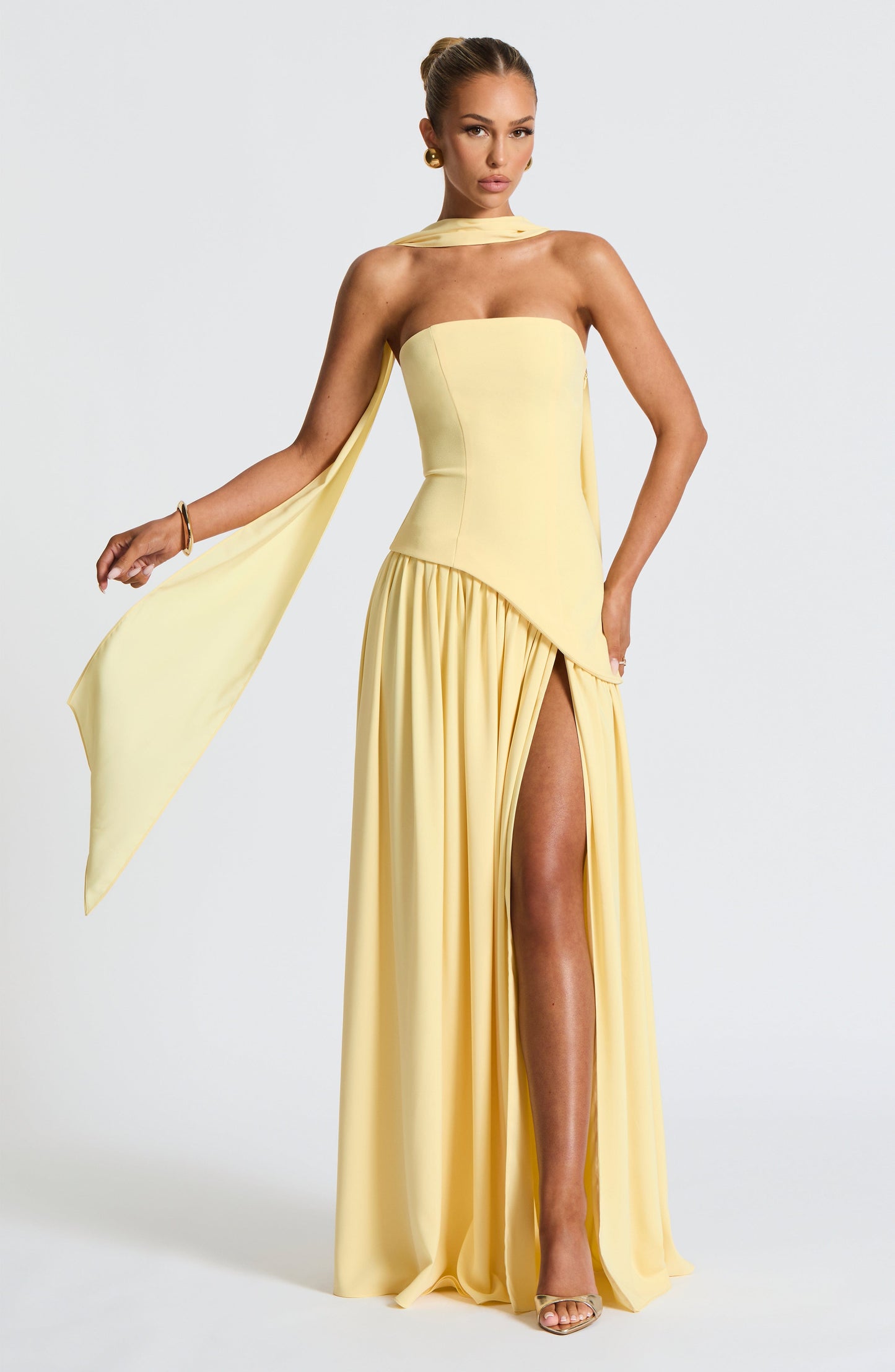 Elara | Lemon Crepe & Chiffon Maxi Gown