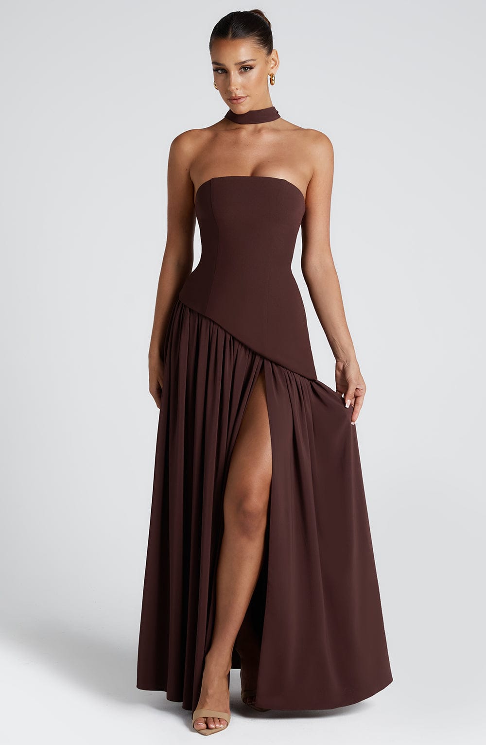 Daphira | Plum Brown Crepe & Chiffon Maxi Gown