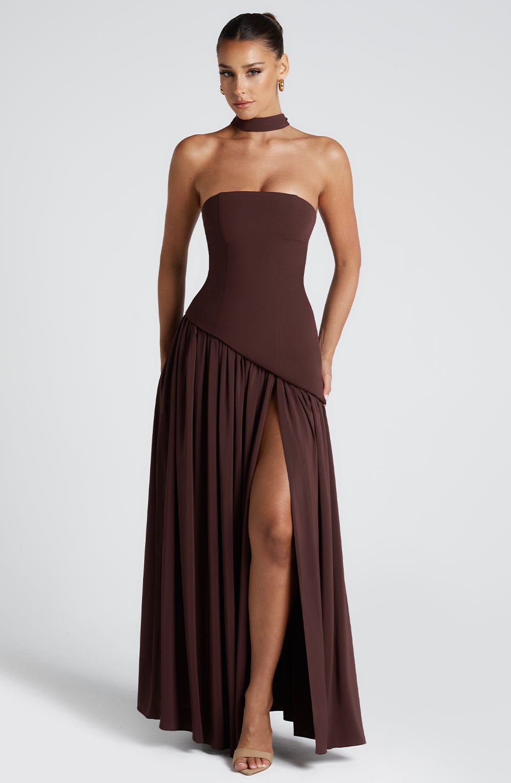 Daphira | Plum Brown Crepe & Chiffon Maxi Gown