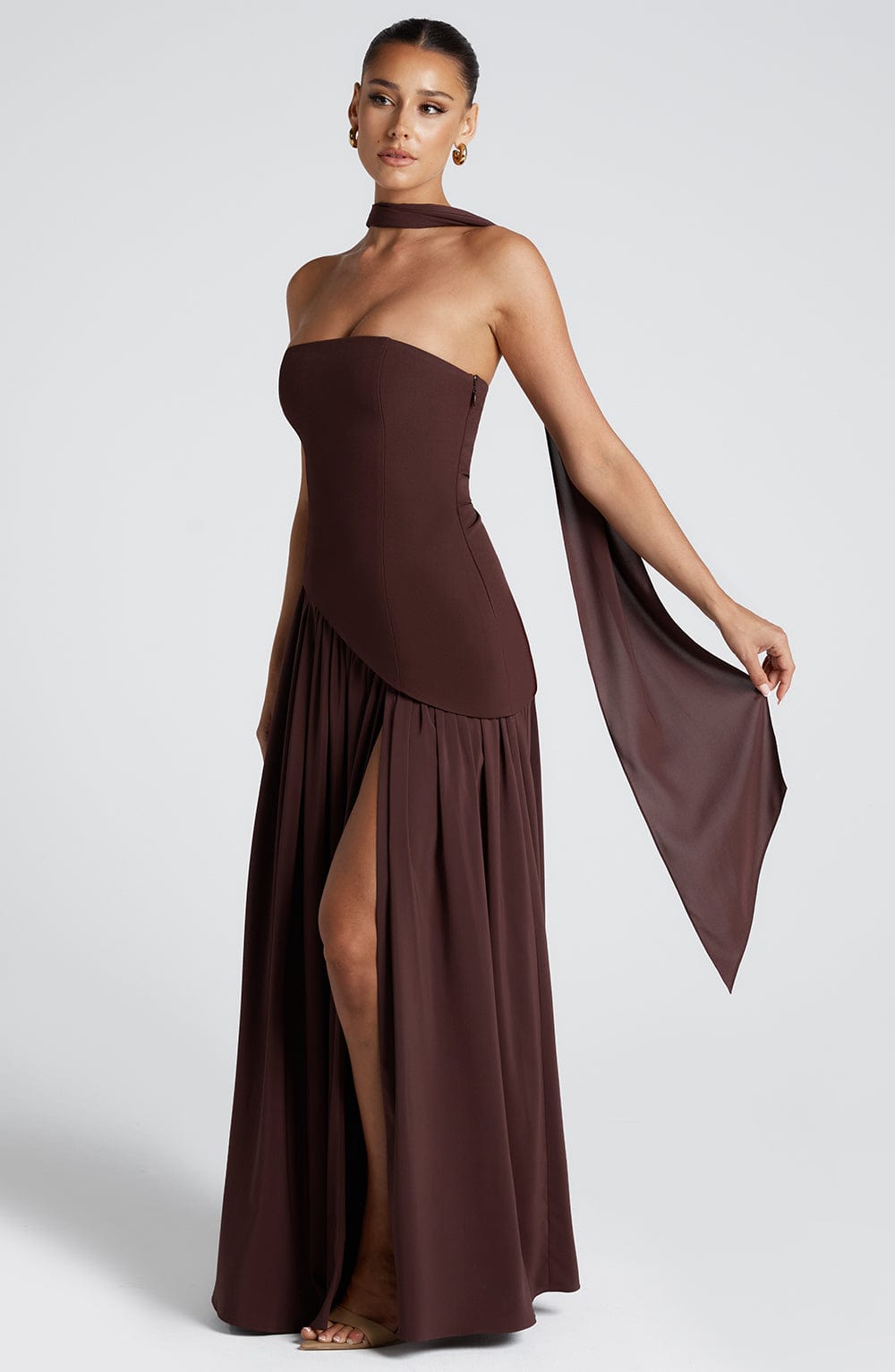 Daphira | Plum Brown Crepe & Chiffon Maxi Gown