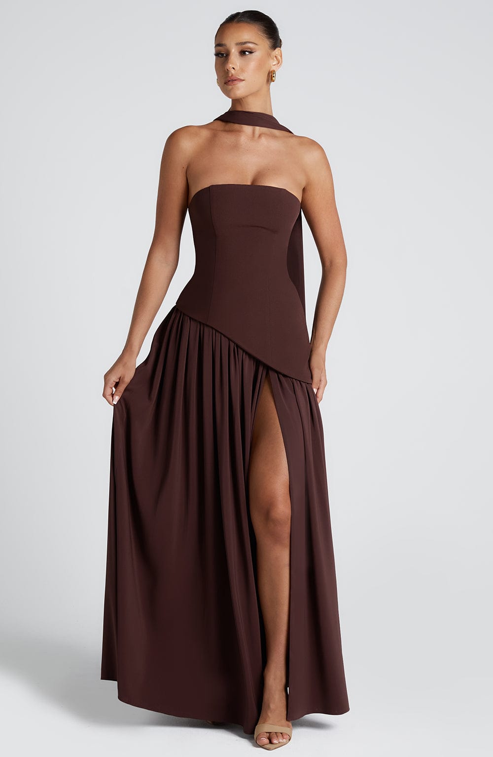 Daphira | Plum Brown Crepe & Chiffon Maxi Gown
