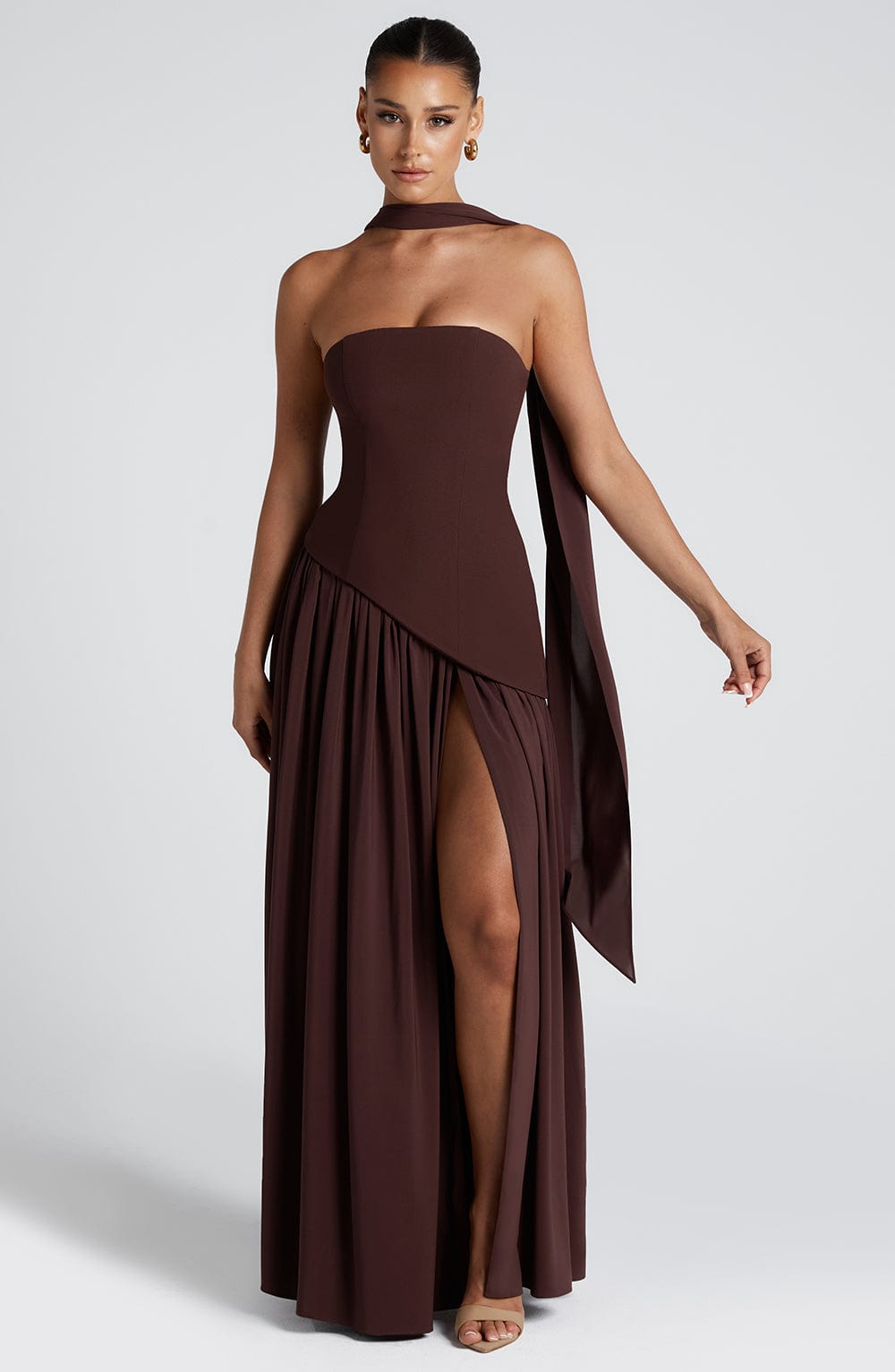 Daphira | Plum Brown Crepe & Chiffon Maxi Gown