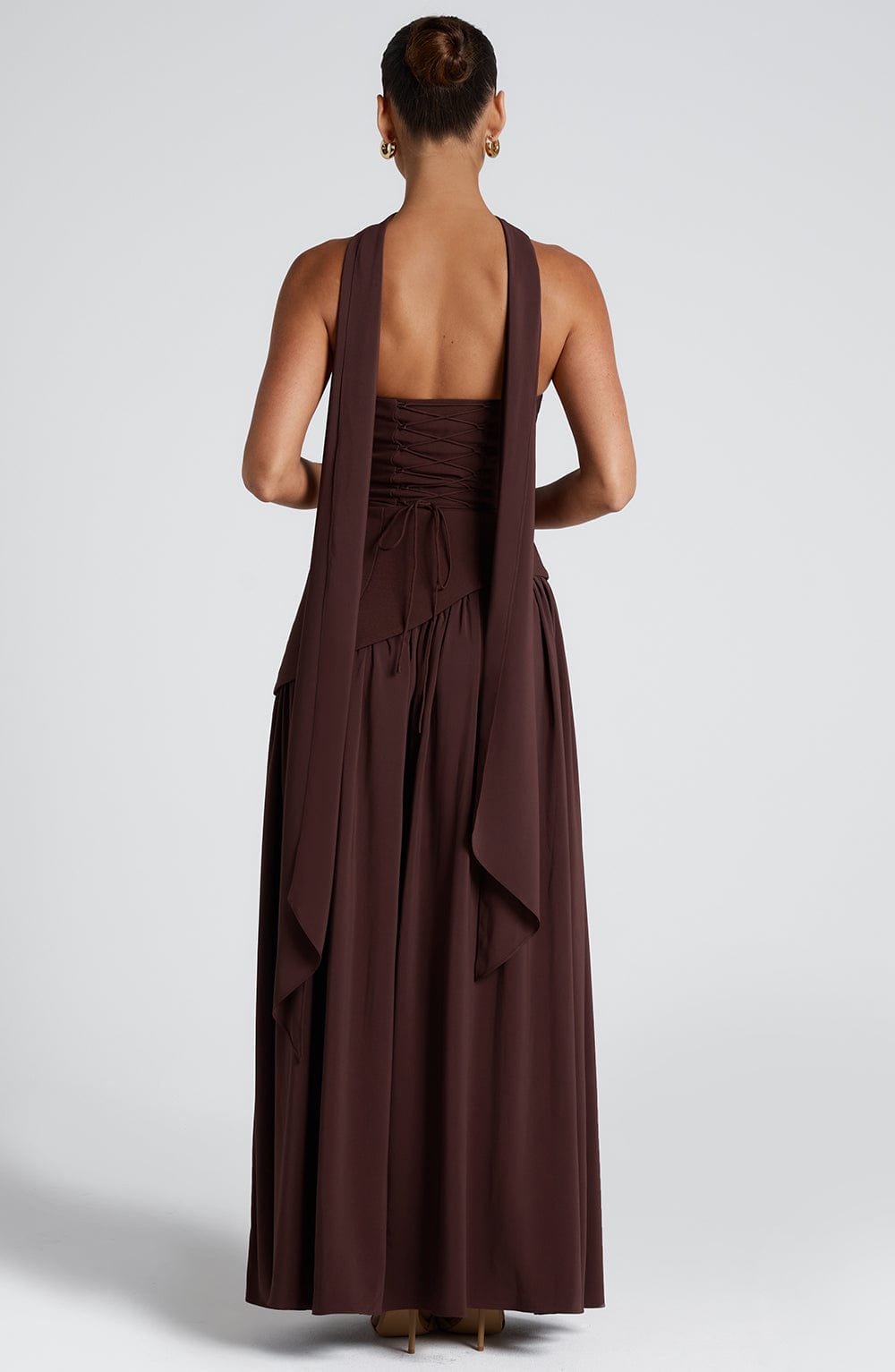 Daphira | Plum Brown Crepe & Chiffon Maxi Gown