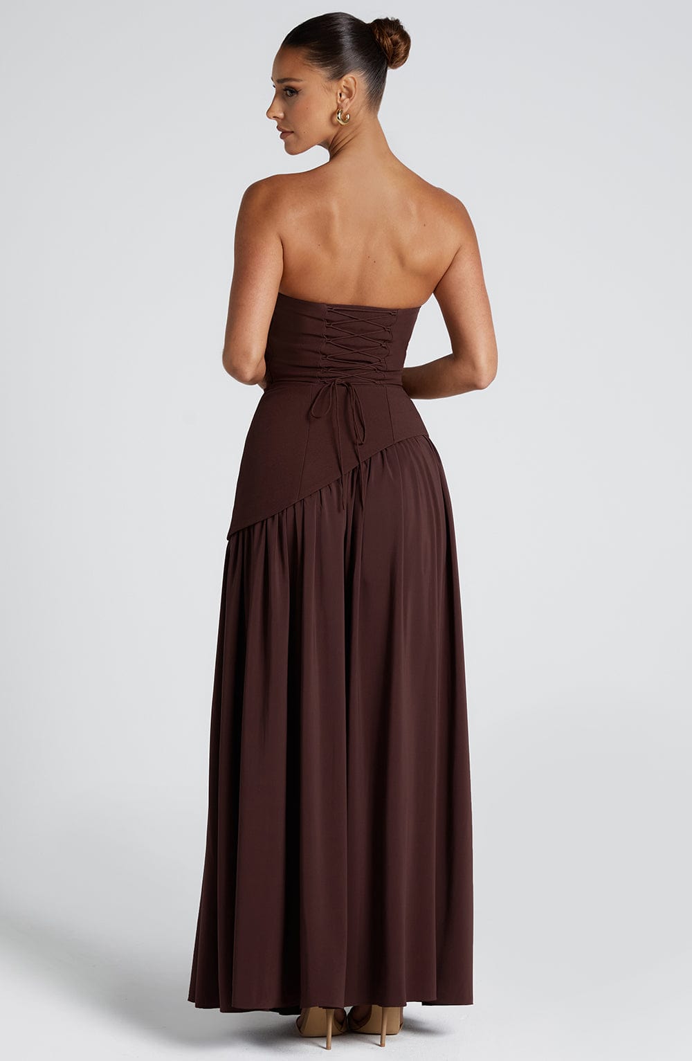 Daphira | Plum Brown Crepe & Chiffon Maxi Gown