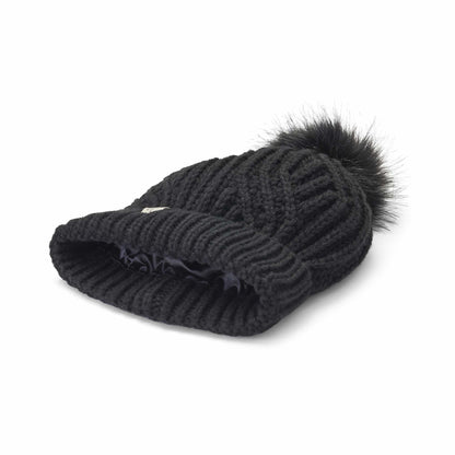 Satin Lined Knitted Beanie Hat - Black with Pom Pom