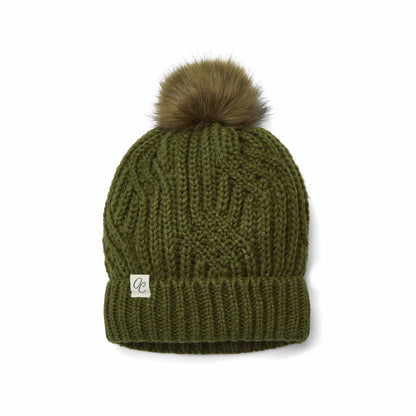 Satin Lined Knitted Beanie Hat - Olive with Pom Pom