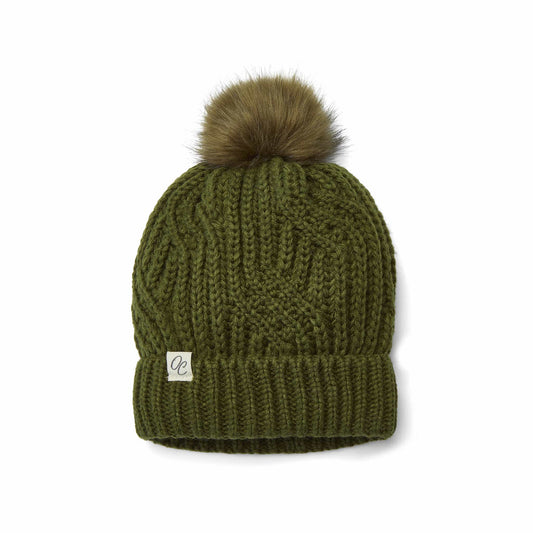 Satin Lined Knitted Beanie Hat - Olive with Pom Pom