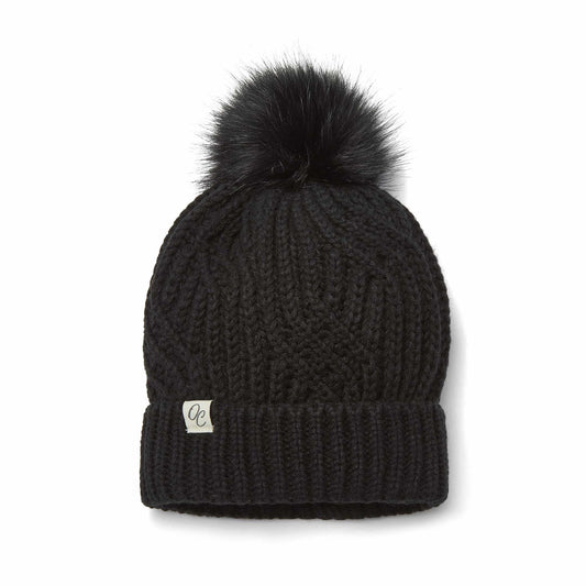 Satin Lined Knitted Beanie Hat - Black with Pom Pom