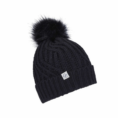 Satin Lined Knitted Beanie Hat - Black with Pom Pom